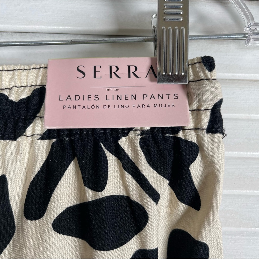 Serra Linen Pants M Wide Leg Black Beige Abstract Print Summer Resort Wear - Picture 7 of 11